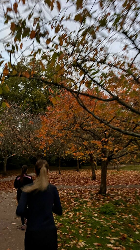 Paula and friends jogging in the Harris Gardens.